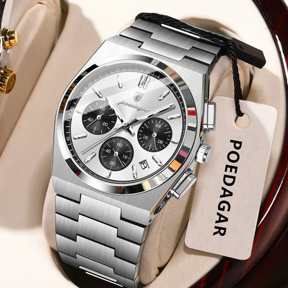 POEDAGAR Men’s Watch – Luxury stainless steel chronograph, with date, water-resistant and luminescent – Sporty quartz wristwatch