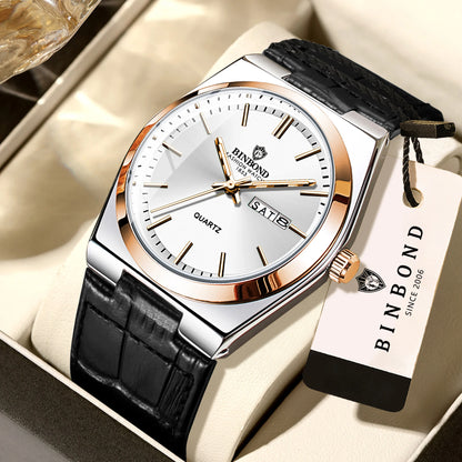 BINBOND Luxury leather strap quartz wristwatches precise luminous waterproof auto date week display durable men's watch reloj