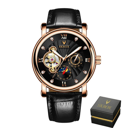 Luxus automatikus mechanikus férfi karóra, egy neves márka aláírásával, tourbillon-nal, holdfázis-kijelzővel és gyémántokkal díszítve – egy elegáns karóra.