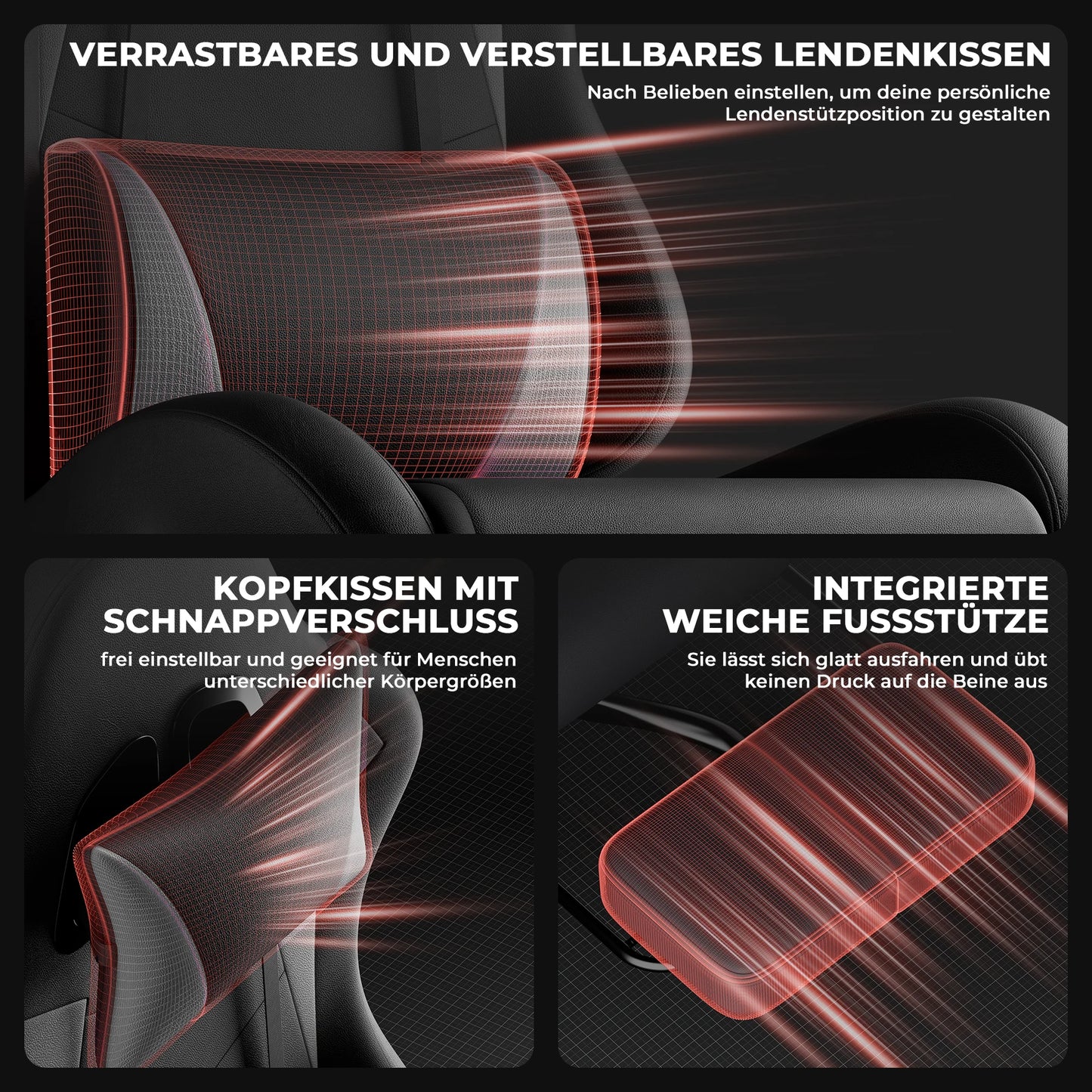 Ergonomic Gaming Chair, Lumbar & Head Pillow, Adjustable Height, Black-Grey