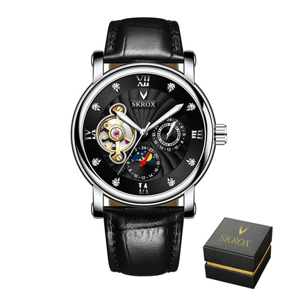 Luxus automatikus mechanikus férfi karóra, egy neves márka aláírásával, tourbillon-nal, holdfázis-kijelzővel és gyémántokkal díszítve – egy elegáns karóra.