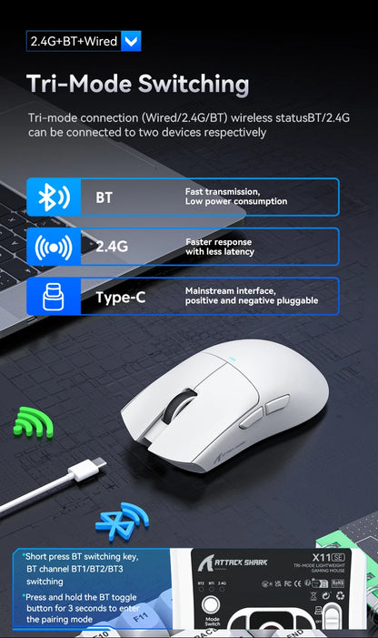 ATTACK SHARK X11 Gaming Mouse  and X11 SE Wireless Mouse 22000 DPI,PAW3311 Sensor,BT/2.4G/Wired,59g Lightweight,2000W Clicks