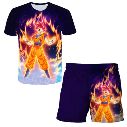 Japanisches Cartoon-Dragon-Ball-Z-T-Shirt, Kinder-Oberteil, T-Shirt- und Shorts-Zweiteiler für den Sommer, Jungen-T-Shirt + Shorts, Strandshorts