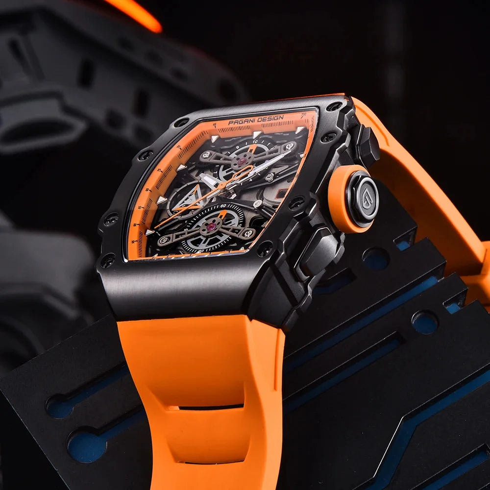 Pagani Design Men's Quartz Watches Japan Movt Skeleton Dial Waterproof Sport Rectangle Sapphire Glass Chronograph Watch For Men