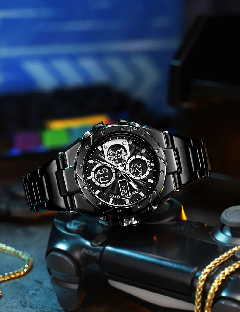 Herrklocka SMAEL 8160 – Militärinspirerad sportmodell, analog och digital, i rostfritt stål – Vattentät, med LED-display, alarm, kronograf och stoppur