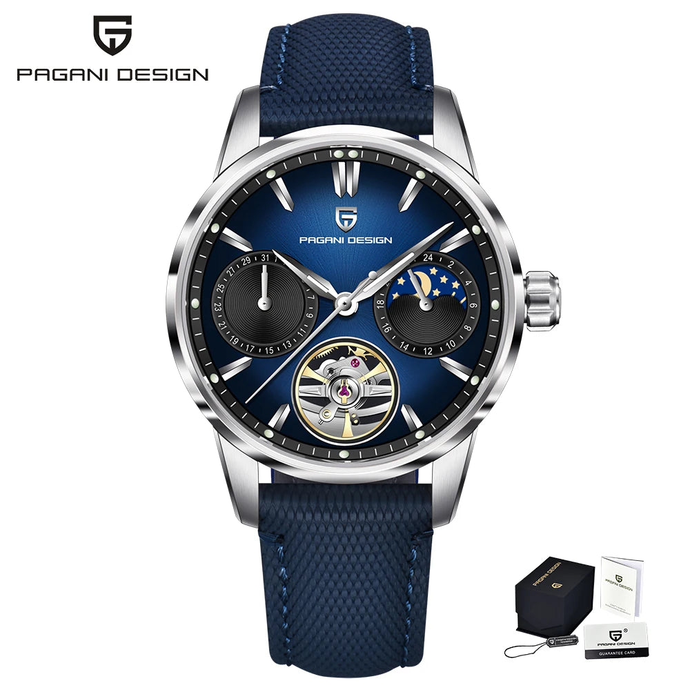 PAGANI DESIGN – Luxus mechanikus férfi karóra, 41 mm, zafírüveg, bőr szíj, vízálló, pilóta stílusú, tourbillon és holdfázis kijelzővel