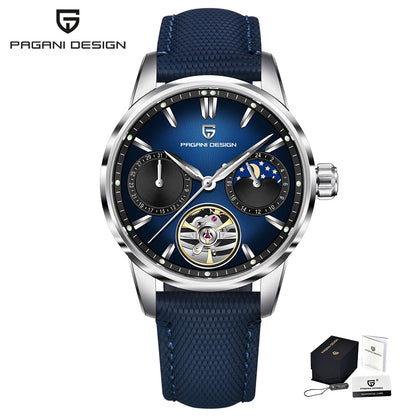 PAGANI DESIGN – Luxus mechanikus férfi karóra, 41 mm, zafírüveg, bőr szíj, vízálló, pilóta stílusú, tourbillon és holdfázis kijelzővel