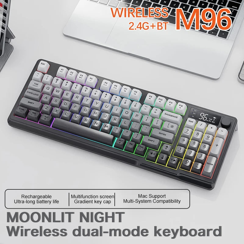 M96 kabellose Bluetooth-Tastatur FREEWOLF mit Digitalanzeige, RGB-Hintergrundbeleuchtung, 2000mAh-Akku & PBT-Tastenkappen für PC/Laptop
