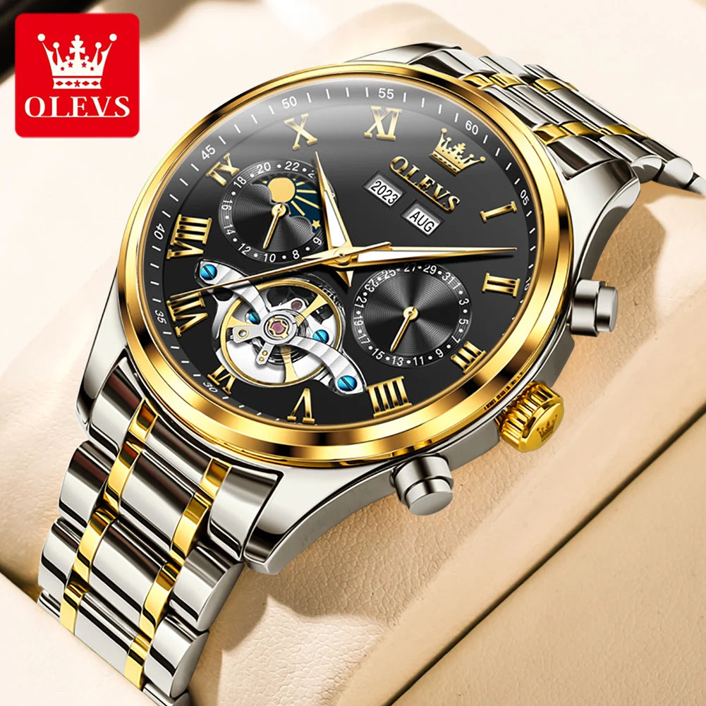 OLEVS 7005 Classic Business Mechanical Wristwatch for Men Skeleton Flywheel 24 Hour Moon Phase Calendar Luxury Men's Watch