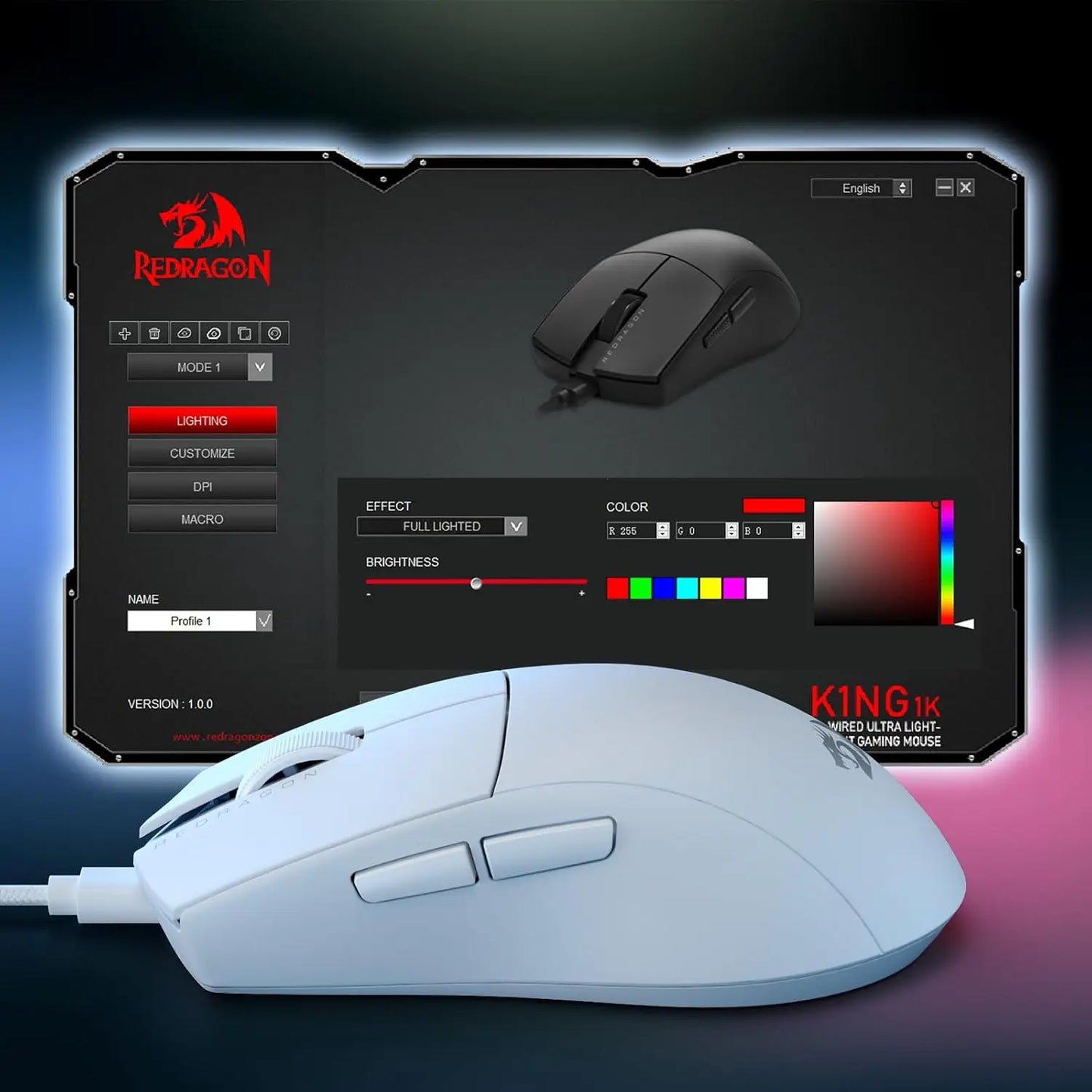 Mouse gaming cablato Redragon M724 42G ultraleggero, ottico, 12,400 DPI max, 5 pulsanti programmabili