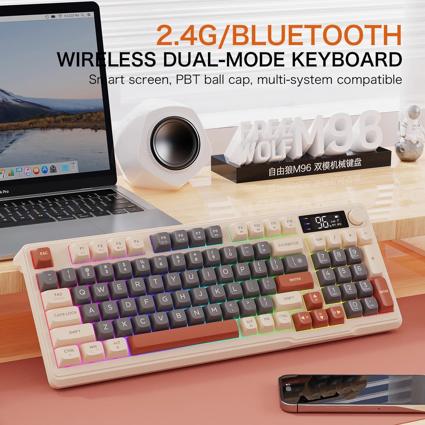 M96 kabellose Bluetooth-Tastatur FREEWOLF mit Digitalanzeige, RGB-Hintergrundbeleuchtung, 2000mAh-Akku & PBT-Tastenkappen für PC/Laptop