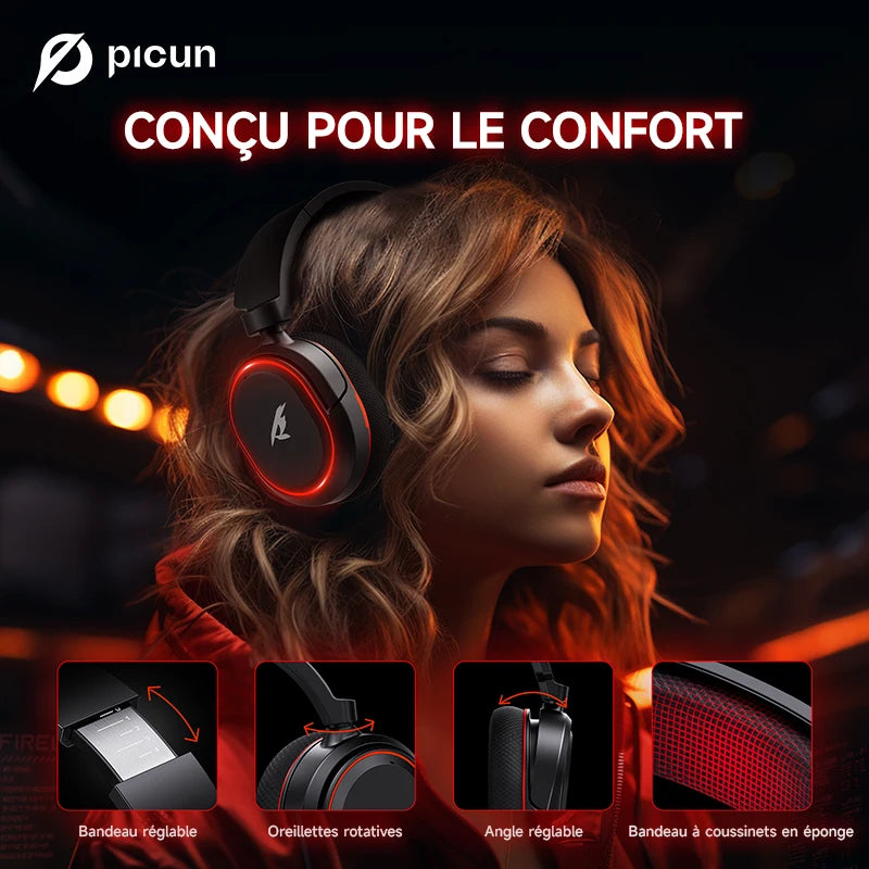Auscultadores Gaming Sem Fios Picun G2 Bluetooth 5.3 – Som Surround 7.1, Microfone ENC, Bateria de 100H, Auscultadores de Baixa Latência para PC, PS5, PS4, Switch e Mobile
