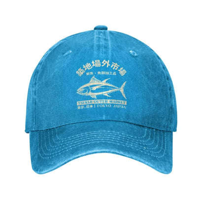 Japanilainen Tsukiji-kalamarkkinat -aiheinen, pesetty baseball-lippalakki, Tokyo, Japani, naisten ja miesten snapback-lippalakki