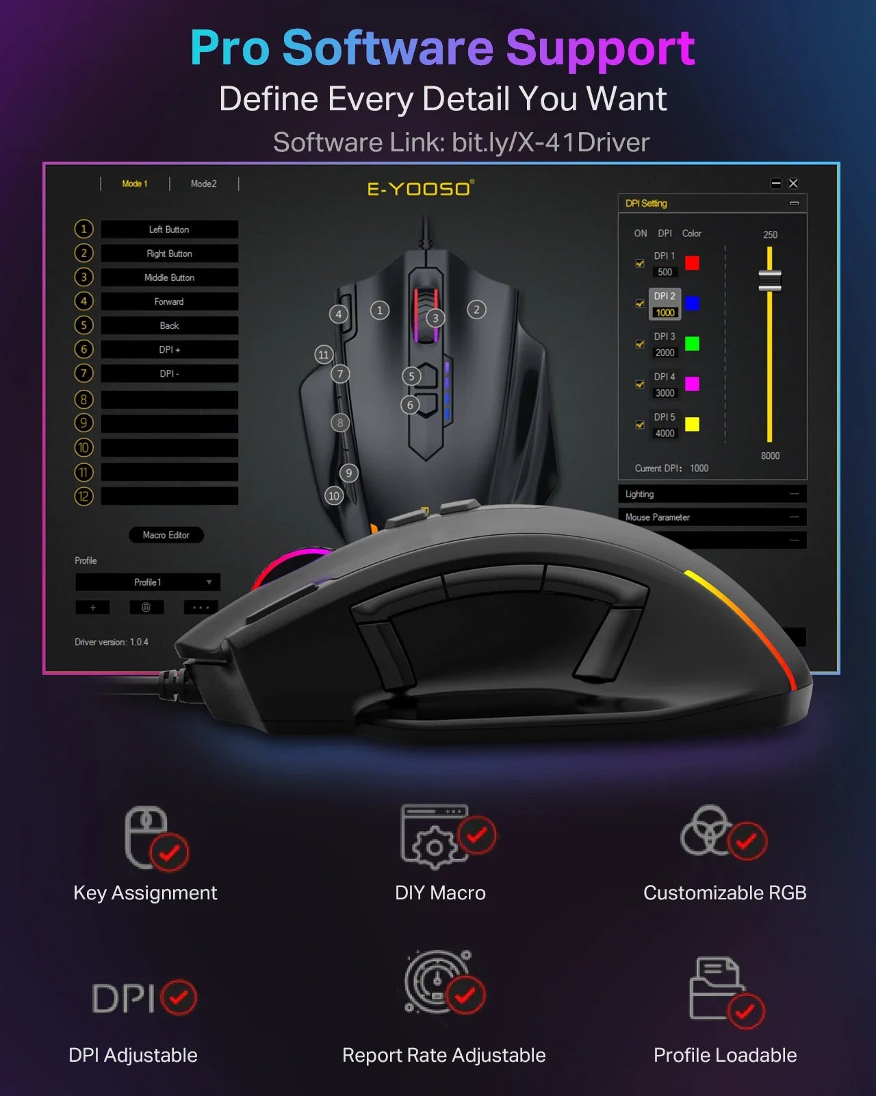 Mouse gaming cablato USB E-YOOSO X-41 Pro con retroilluminazione RGB, 12400 DPI, 11 pulsanti programmabili, mouse ergonomico per lavoro, computer, PC e laptop