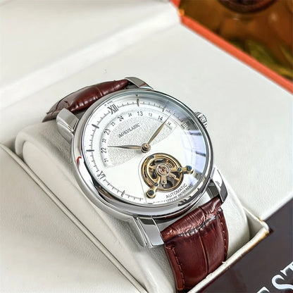 Men’s automatic mechanical watch – Elegant skeletonised design, trendy ‘business casual’ style, alloy case and leather strap, battery-free