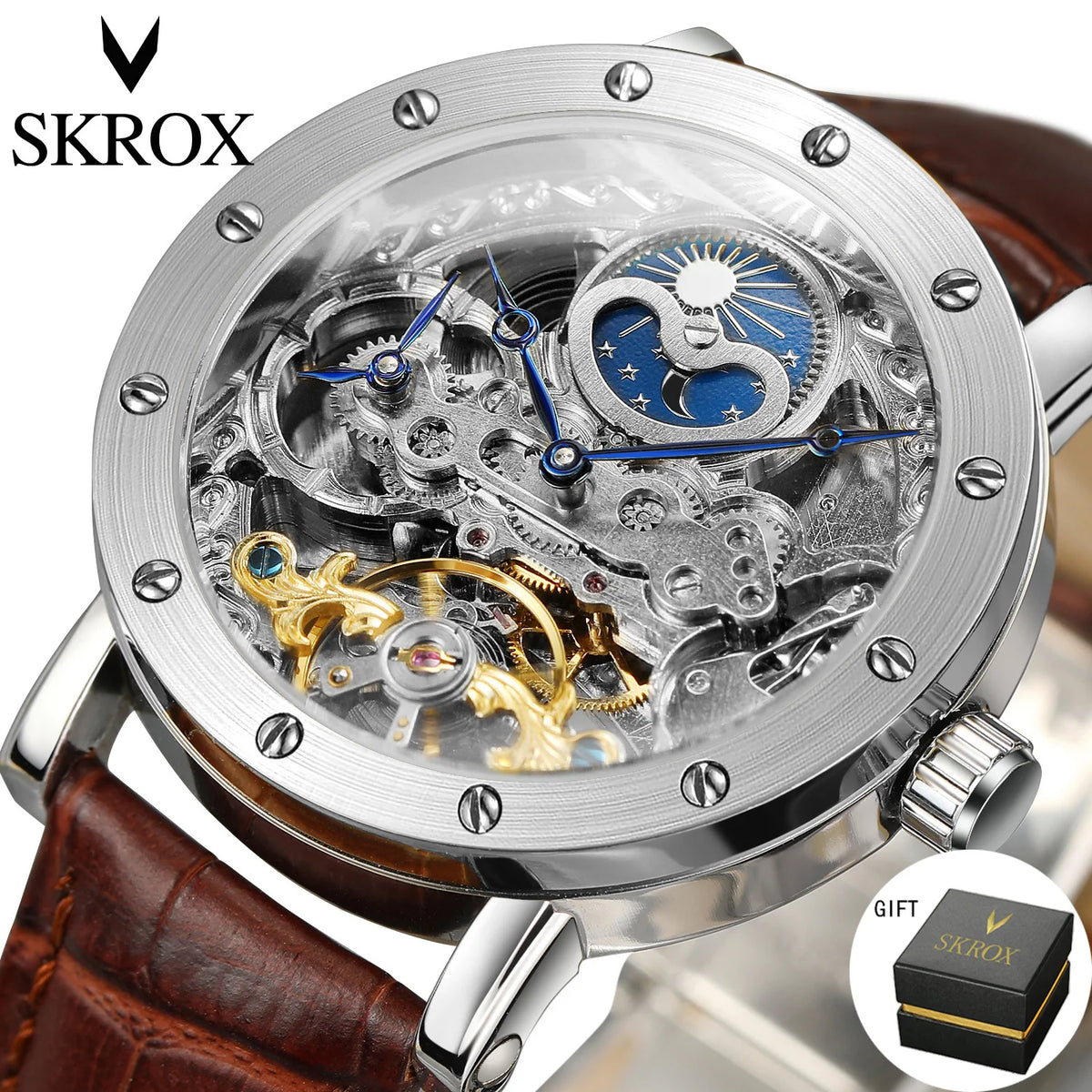 SKROX automatic mechanical wristwatch for men, skeletonised model with GMT function, moon phase and tourbillon – A high-end, elegant and original luxury watch.