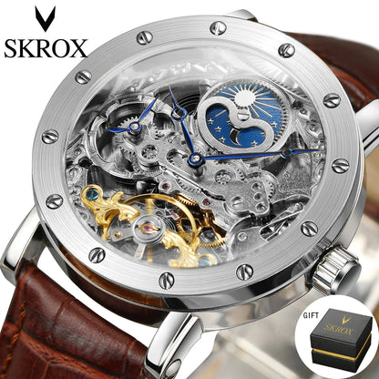 SKROX automatic mechanical wristwatch for men, skeletonised model with GMT function, moon phase and tourbillon – A high-end, elegant and original luxury watch.