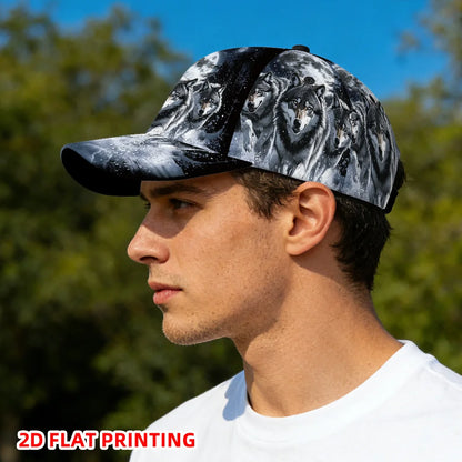 Classic Baseball Cap Featuring a 2D Flat Print of Wolves Under a Full Moon Lightweight Adjustable Duckbill Hat