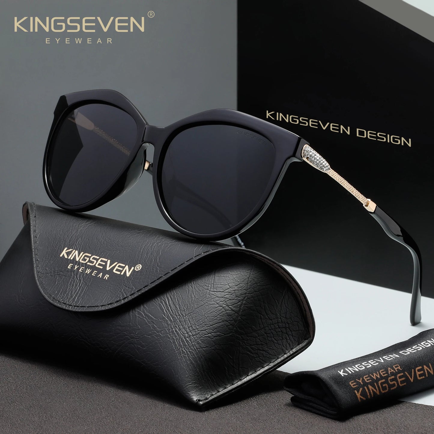 KINGSEVEN Casual Women Sunglasses Driving UV400 Polarized Protective Fashion Glasses Luxury Cat Eye Round Large Eyewear Frames
