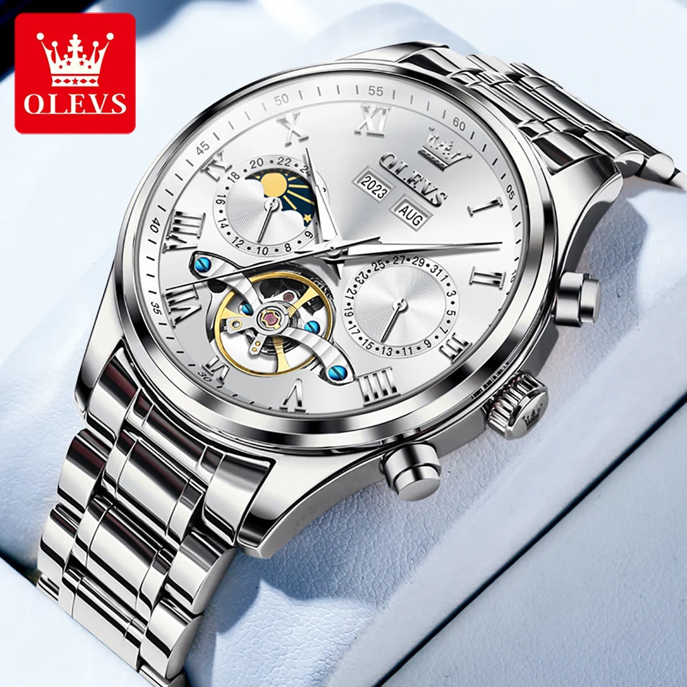 OLEVS 7005 Classic Business Mechanical Wristwatch for Men Skeleton Flywheel 24 Hour Moon Phase Calendar Luxury Men's Watch