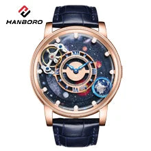 HANBORO men’s mechanical watch – Automatic movement, alarm, hourly chime, water-resistant to 100 m, sapphire crystal, steel case, elegant and unique style.