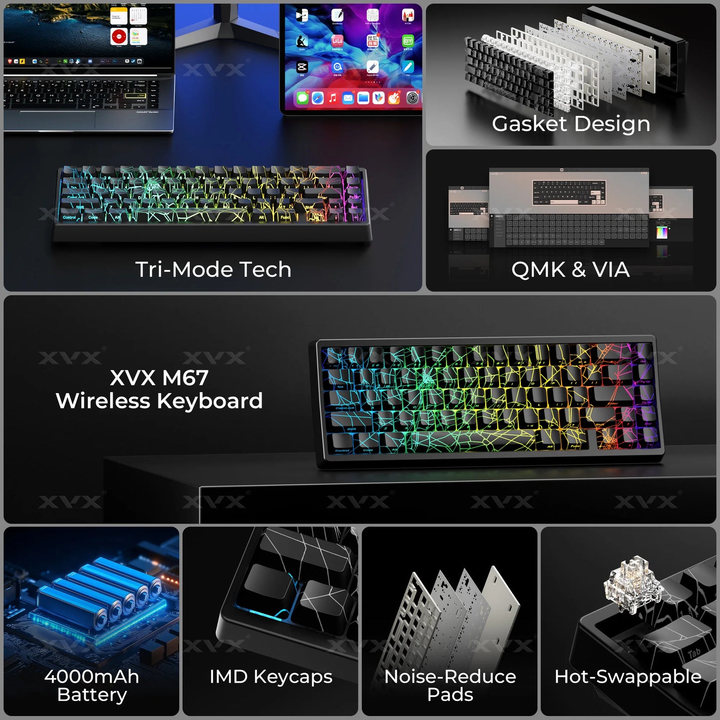 Tastiera XVX Spider Web M67 JadeStone con keycap IMD-Tech, connessione tri-mode, retroilluminazione RGB personalizzata, formato 60%