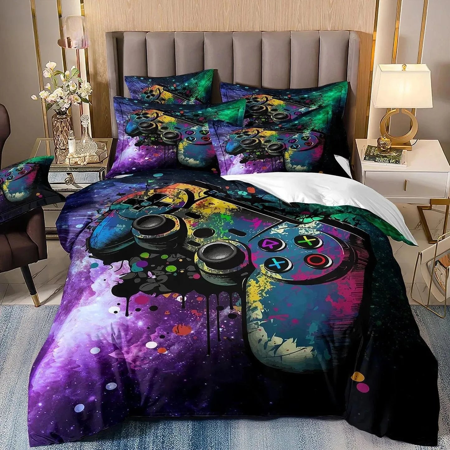 Gamer Bedding Sets for Boy Kid Gaming Duvet Cover Set Queen Video Games Comforter Cover, Playstation Designs Bed Set for Teen Men