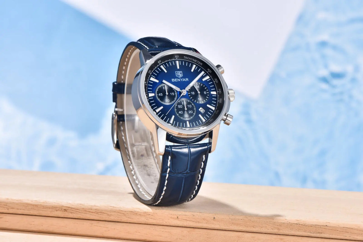 Benyar luxury men’s watch – Chronograph with date, leather strap, water-resistant, luminescent, sporty and military style, quartz watch