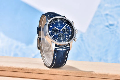 Benyar luxury men’s watch – Chronograph with date, leather strap, water-resistant, luminescent, sporty and military style, quartz watch