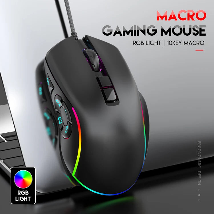 Mouse cablato da gaming e ufficio 7200 DPI con retroilluminazione RGB, 6 livelli DPI regolabili, 10 pulsanti programmabili e pulsante per tornare al desktop