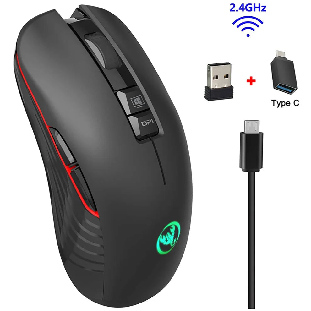 Mouse da gaming wireless 2.4G USB-C ricaricabile 3600DPI a 7 pulsanti, mouse silenzioso Type-C per MacBook, laptop, PC e computer da gioco