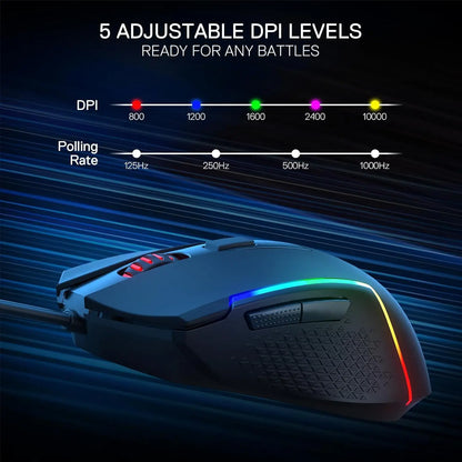 Mouse da gaming cablato Redragon M616 RGB, 10000 DPI, ottico, 6 pulsanti programmabili, 8 modalità retroilluminate, software con supporto per configurazioni personalizzate dei tasti