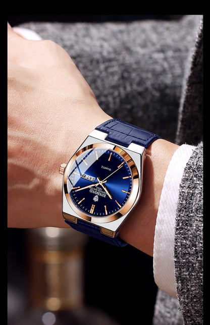 BINBOND Luxury leather strap quartz wristwatches precise luminous waterproof auto date week display durable men's watch reloj