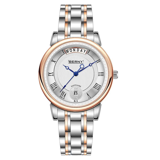 BERNY Women's Watch Ladies Quartz Roman Numerals Day Top Calendar Watches Sapphire Glass Solid Steel Strap Women's Wristwatch