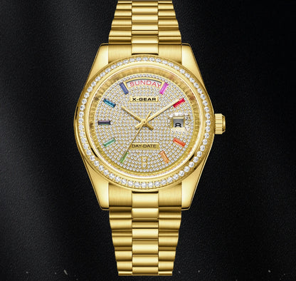 X-GEAR Men Luxury Watches Full diamond dial Diamond bezel Mechanical Watch Luminous Date Week Display Stainless Steel Case Strap