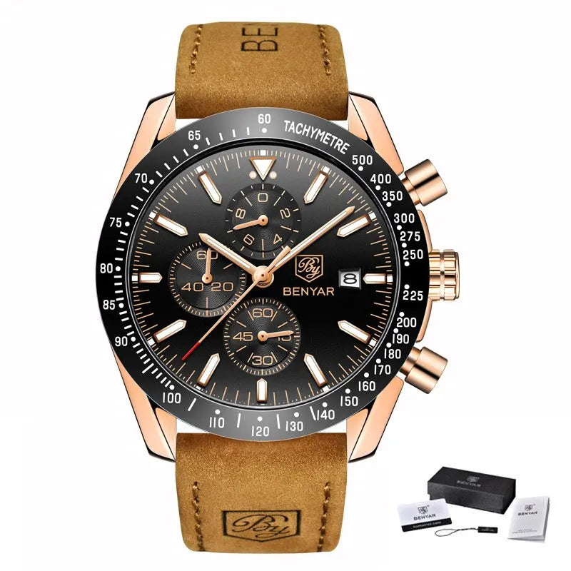BENYAR luxury men’s watches – Quartz wristwatches with leather straps, water-resistant to 30 m, sporty style.