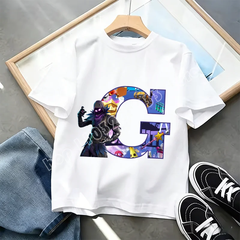 Fortnite A-Z Alphabet Print T-Shirt Summer Kids White Clothing Popular Cartoon Game T-Shirt Fashion Casual Short Sleeve Top Gift