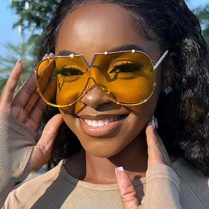 Trendy Rivets Metal Frame Oversized Pilot Women Sunglasses Brand Design Men Sunglass UV400 Outdoor Driving Travel Luxury Goggles