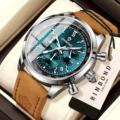 Robust and accurate BINBOND quartz chronograph watch for men, luxury, with automatic date, luminous hands and water-resistant, casual style.