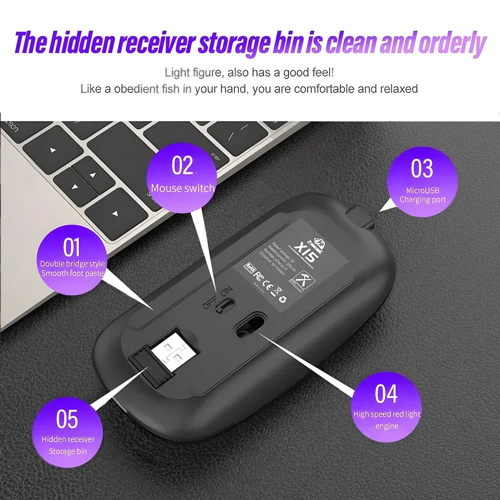 Mouse wireless ricaricabile a doppia modalità Bluetooth compatibile e 2.4G USB per computer, laptop, iPad, tablet e notebook, mouse da gaming