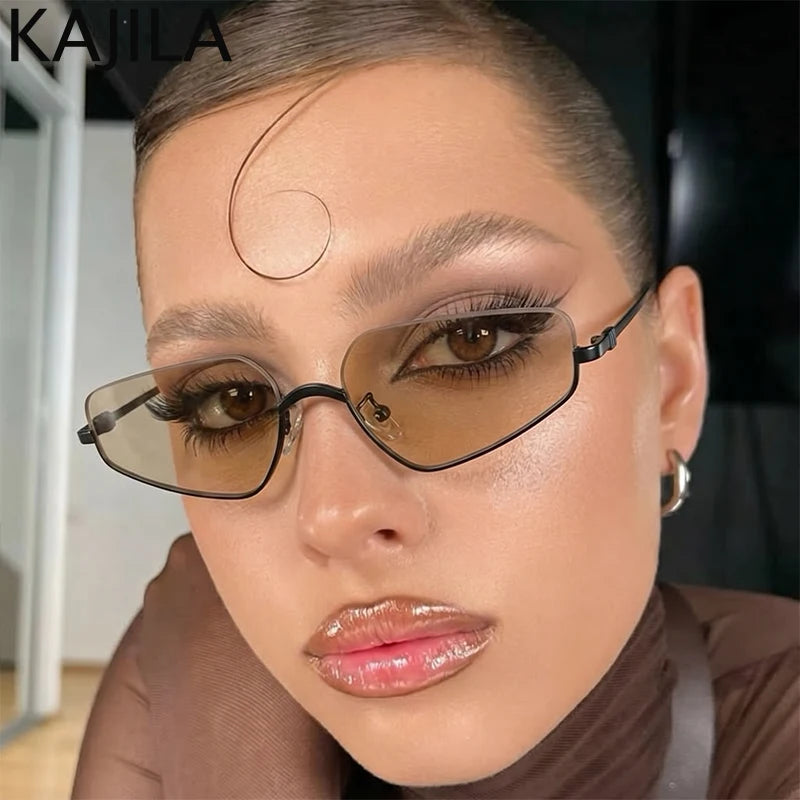 Vintage Semi-Rimless Polygon Punk Sunglasses Women 2026 Luxury Brand Cat Eye Metal Small Frame Sun Glasses Ladies Classic Shades