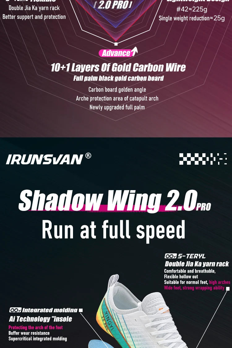 2025 IRUNSVAN SHADOW WING 2.0 PRO Sapatilhas de Corrida Desportivas de Maratona com Amortecimento Air Cushion, Placa de Carbono, Trail Running, Leves