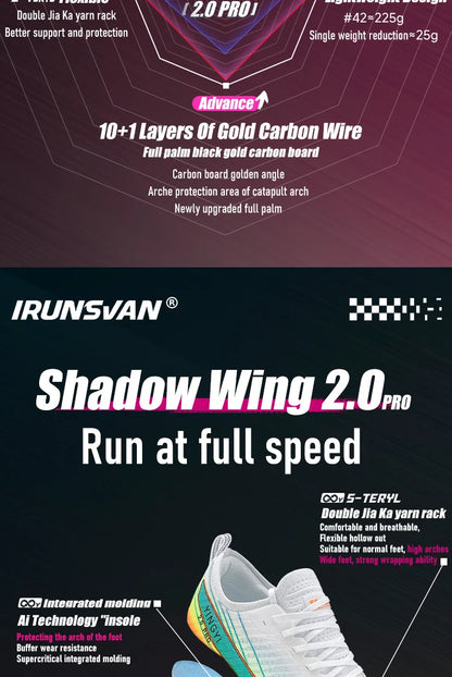 2025 IRUNSVAN SHADOW WING 2.0 PRO Sapatilhas de Corrida Desportivas de Maratona com Amortecimento Air Cushion, Placa de Carbono, Trail Running, Leves