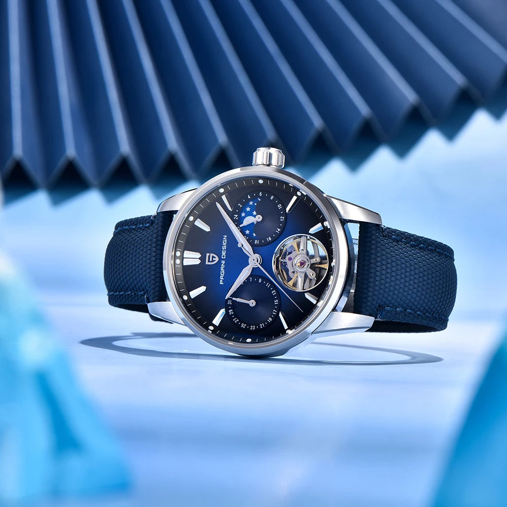 PAGANI DESIGN – Luxus mechanikus férfi karóra, 41 mm, zafírüveg, bőr szíj, vízálló, pilóta stílusú, tourbillon és holdfázis kijelzővel