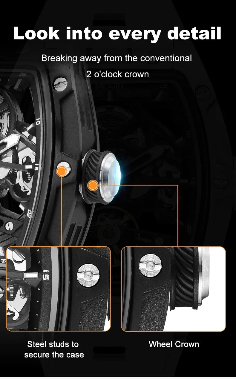 MEGIR Fashion Leisure Alloy Case Men Mechanical Watch Silicone Band Barrel Shaped Dial Luminous Pointer Design Man Wristwatch