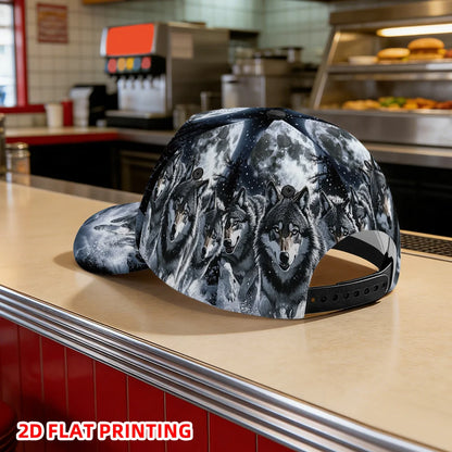 Classic Baseball Cap Featuring a 2D Flat Print of Wolves Under a Full Moon Lightweight Adjustable Duckbill Hat