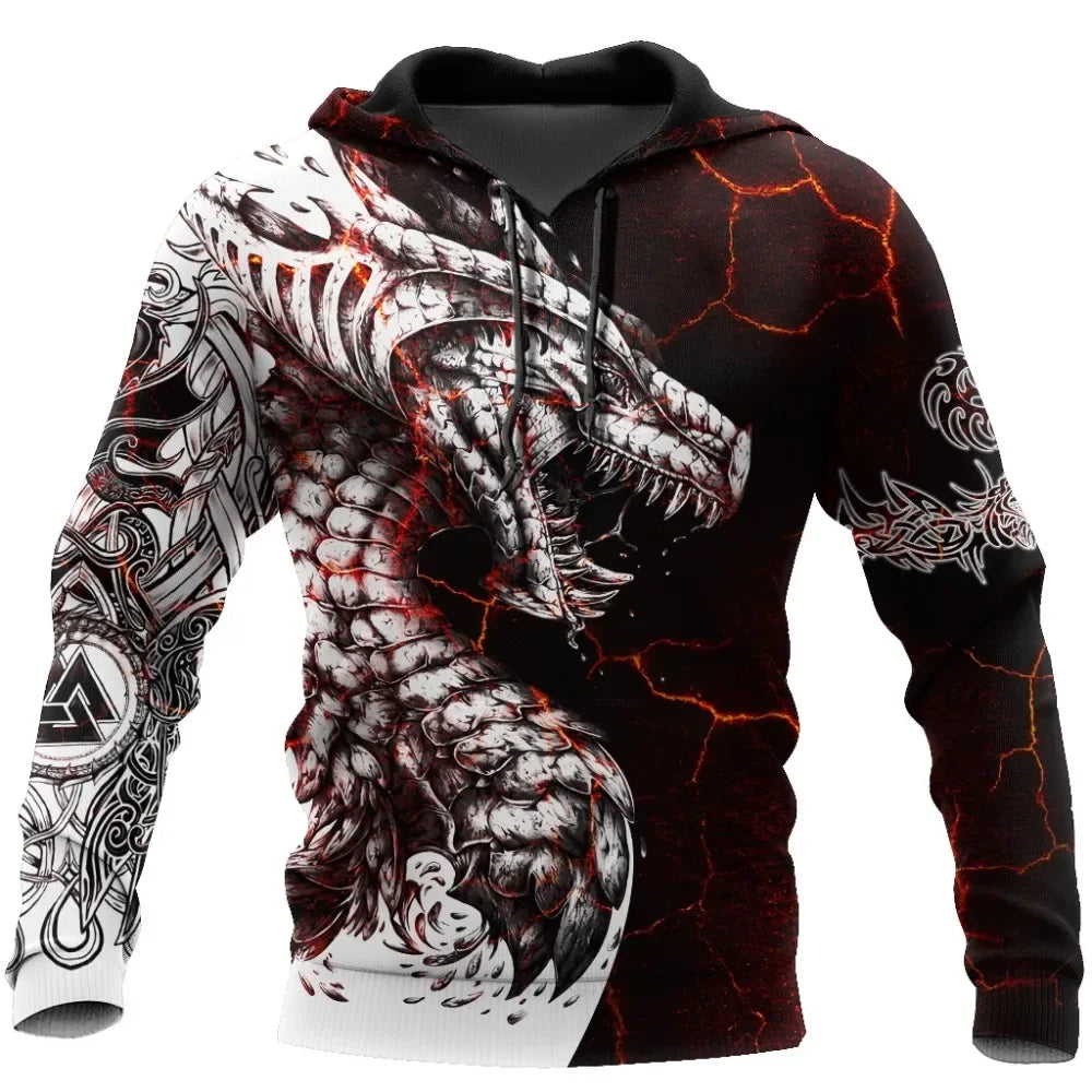 Sweatshirt com Capuz para Homem Black & White Tattoo Dragon com Impressão 3D, Unissexo, Streetwear, Fecho de Correr, Pullover, Casaco Casual de Fato de Treino KJ0192