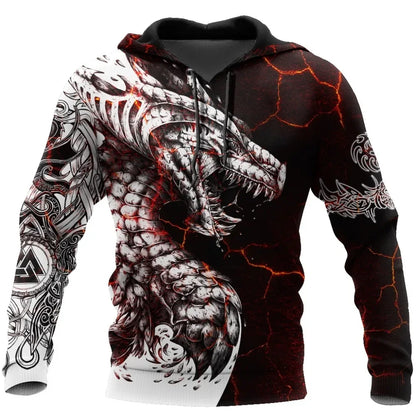 Sweatshirt com Capuz para Homem Black & White Tattoo Dragon com Impressão 3D, Unissexo, Streetwear, Fecho de Correr, Pullover, Casaco Casual de Fato de Treino KJ0192