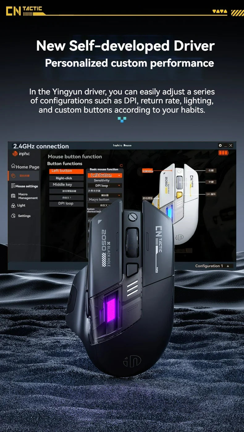 Rato Gaming Inphic A9 Pro Tri-Mode com Coluna de Luz Colorida, Indicador de Bateria, DPI Ajustável, Controlador Macro, Design Ergonómico, 12800DPI