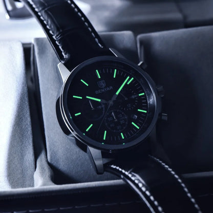 Benyar luxury men’s watch – Chronograph with date, leather strap, water-resistant, luminescent, sporty and military style, quartz watch